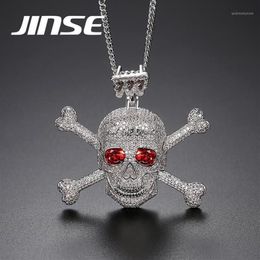 Jinse Rhinestone Punk Red Cz Stone Skeleton Skull Pendants Pendants Collares para hombres Color de oro Hip Hop Jewellry Cadena de cuerda1264E