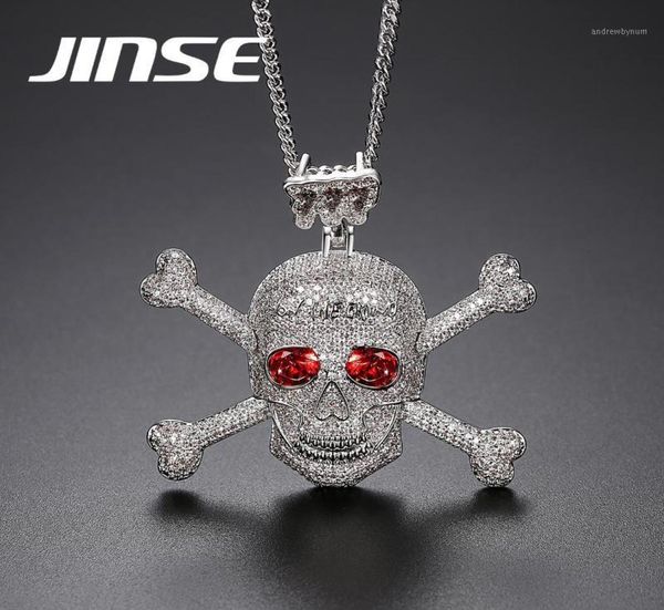 JINSE plein strass Punk rouge CZ pierre squelette crâne pendentifs colliers pour hommes couleur or Hip Hop bijoux cadeau corde chaîne 14383592