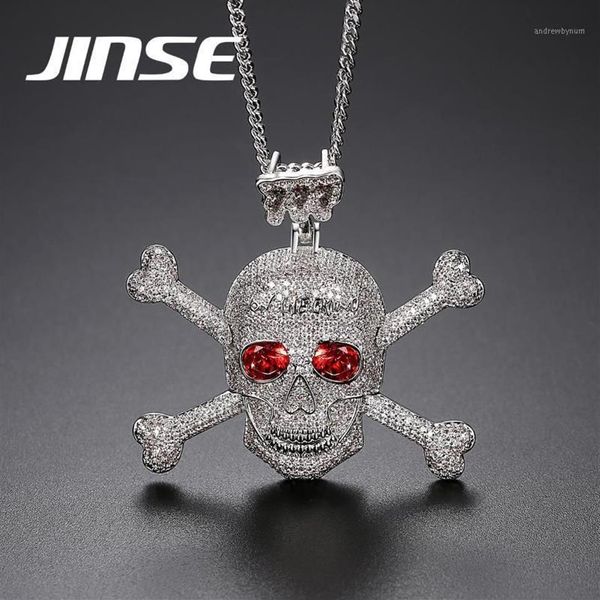 JINSE – colliers avec pendentifs en strass pour hommes, Punk, rouge, pierre CZ, squelette, crâne, couleur or, bijoux Hip Hop, cadeau, corde, chaîne 1313B