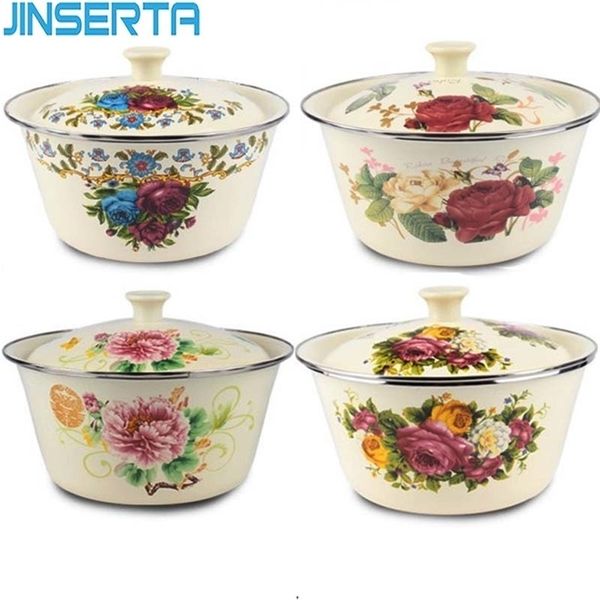 JINSERTA Esmalte Tazón Plato Espesado Gran Capacidad Vintage con Tapa Ollas Adecuado para Cocina Refrigerador Almacenamiento Alimentos T200506