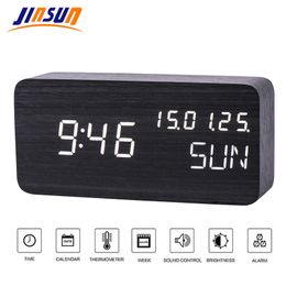 JINSUN Reloj de mesa Control de sonido Escritorio Luminoso Despertador para niños Calendario de madera Moderno Brillo ajustable LJ200827