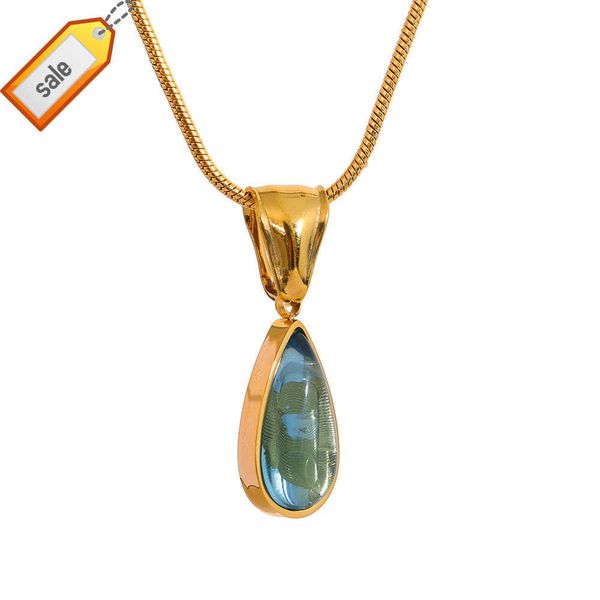 JINYOU 536 elegante collar con colgante de gota de agua de cristal azul para mujer, joyería de moda de Color dorado fundido de acero inoxidable 316l