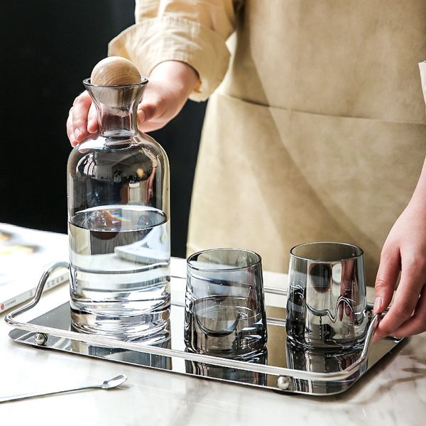 Jindoujia jarra de agua de vidrio nórdico con tapa de madera, tetera, taza para beber, olla de té, jarra de jugo, bebida para el hogar