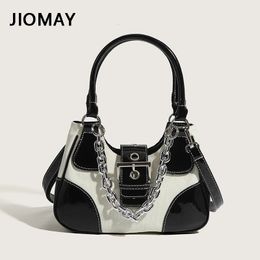 Jiomay Luxury Designer Hands sacs Femmes Toile épisser les sacs d'épissage des filles Patent Leather Chain Crossbody Sacs 240407