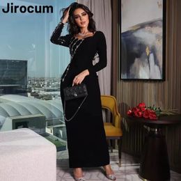 Jirocum robe de bal perlée en cristal noir pour femmes col carré fente latérale robes de soirée sirène à manches longues robes d'occasion formelles 240227