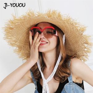 JIYOUOU Sangle en dentelle chapeau de paille arc large herbe femme casquette d'été visière de plage vacances en plein air plage chapeau de protection solaire pliable Y20201c