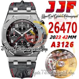 JJF 2647 Vampire A3126 chronograaf automatisch herenhorloge, 42 mm stalen kast, zwarte getextureerde wijzerplaat, nummermarkeringen, lederen band, rode lijn, supereditie, eeuwigheidspolshorloge