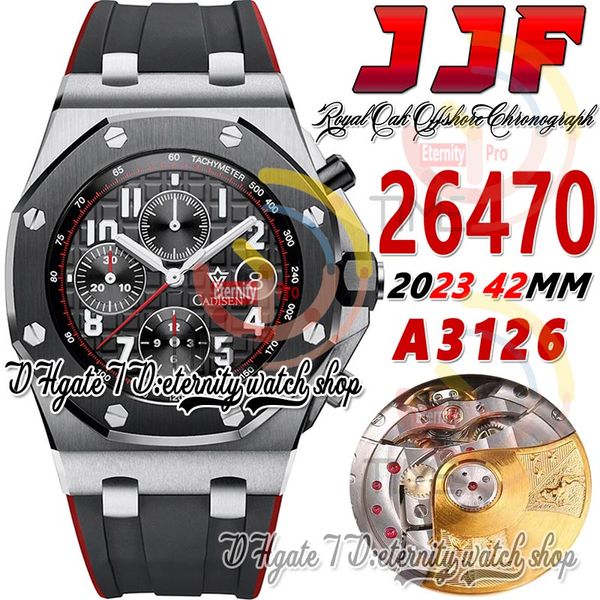 JJF 2647 Vampire A3126 Cronógrafo Reloj automático para hombre Caja de acero de 42 mm Bisel de cerámica Esfera con textura negra Correa de caucho roja 2023 Super Edition Eternity Relojes de pulsera