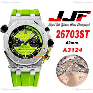 JJF 2670 A3124 Automatische chronograaf Heren Watch 42 mm Zwart binnenste groene textureerde stick Dial Rubberen riem Super Edition Reloj Hombre Montre Homme Puretime G7