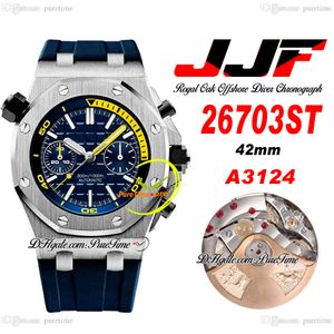 JJF 2670 A3124 Automatische chronograaf Heren Watch 42 mm gele binnenblauwe textureerde wijzerplaat Rubberen band Super Edition Reloj Hombre Montre Homme Puretime B2