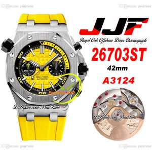JJF 2670 A3124 Automatische chronograaf Heren Watch 42 mm Zwart binnengele getextureerde stick Dial Rubberen riem Super Edition Reloj Hombre Montre Homme Puretime F6