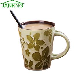 JK HOME 2Pcs / Set Lovers céramique mugs à café peinte à la main Tasse Tasse de café Voyage cadeau d'anniversaire tasse de lait avec des cuillères à thé 400mL shippin gratuitement