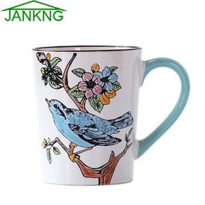 JK HOME 435 ml rétro en céramique animaux tasses à café peintes à la main tasse à café tasse fleur voyage tasse tasse cadeau d'anniversaire oiseau Lotus lait tasse à thé JKOS8