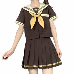 JK Trois lignes Brown Sailor Costumes LgShort Manches Uniformes d'écolière japonaise Graduati Jupe plissée Anime Cos Costumes J7wL #