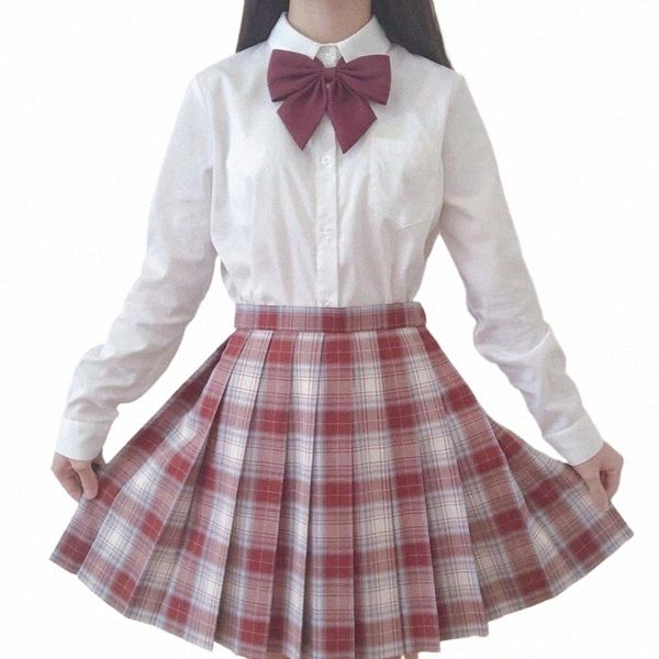 JK Uniforme Fille Costume Été Taille Haute Jupes Plissées Rouge Blanc Gothique Sexy Mini Jupe À Carreaux Femmes Uniformes Étudiants Vêtements i5Aa #