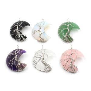 JLN Crescent Moon Wire Wrapped Life Tree Edelsteen Hanger Amethist Tijgeroog Quartz Stone Charm met messing ketting ketting cadeau voor vrouwen LL