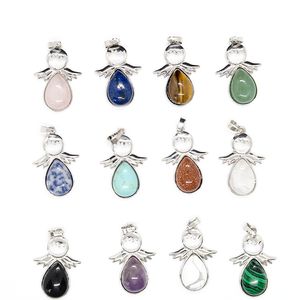 JLN Mignon Angle Ailes Pendentif Pierre Précieuse Lapis Rose Quartz Améthyste Pendentifs Oeil De Tigre Avec Chaîne En Acier Inoxydable Collier Pour Filles Femmes Enfants