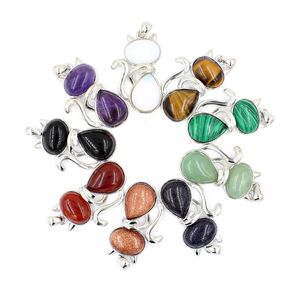 JLN Mignon Kitty Chat Pierre Pendentif Rose Quartz Améthyste Oeil De Tigre Agate Pierre Précieuse Pendentif Avec Chaîne En Laiton Collier Pour Les Filles