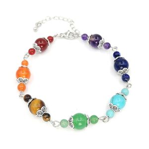 JLN Eye Pins Seven Chakra Pulsera Amethyst Lapis Tiger Eye Piedra natural Anqitue Gold / Silver Flower Beads Cap Spacer Hallazgos Pulseras hechas a mano para hombres y mujeres