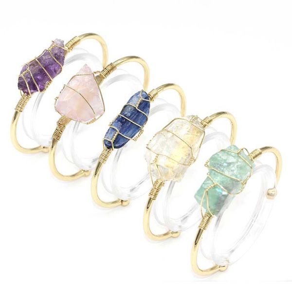 JLN Gemstone Fil Enroulé Bracelet Irrégulier Brut Minéral Cristal Pierre Plaqué Or Manchette Bracelet Ouvert Pour Femmes Fille Cadeau