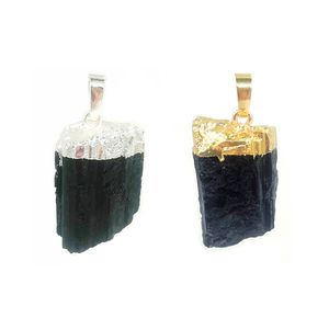 JLN onregelmatige zwarte toermalijn hanger goud verzilverd ruwe donkere kristallen steen met messing ketting ketting cadeau voor mannen vrouwen