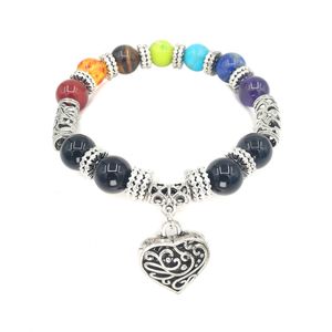 JLN Encanto De Corazón Pulsera De Siete Chakras Piedra Natural Amatista Ojo De Tigre Encanto De Aleación con Plata Antigua Espaciador Pulseras De Yoga para Mujeres Niñas Amantes