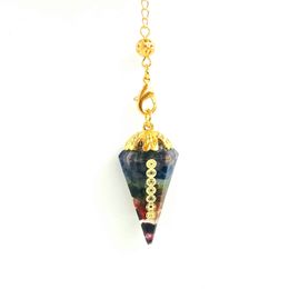 JLN Puce Pierre Sept Charkra Symbole Résine Pendule Pierre Naturelle Amulette Guérison 7 Chakra Cristal Énergie Méditation Hexagonal Pendentif