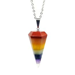 JLN zeven chakra zeshoekige kegel hanger snoep kleur stijl gelaagde wichelroedelopen slinger edelsteen charme met roestvrijstalen ketting voor yoga meditatie