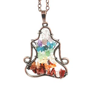 JLN Seven Chakra Chip Stone Yoga Pendentif Vintage Cuivre Rouge Plaqué Méditation Pendentifs Avec Chaîne En Laiton Chaîne En Cuir Collier Pour Homme Femme Bijoux