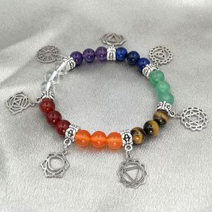 JLN Seven Chakra Symbol Charm Bracelet Yoga Healing Stone Amatista Cuarzo Pulseras elásticas Regalo para hombre y mujer