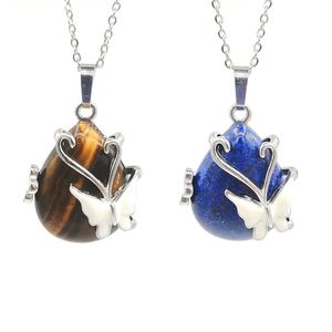 JLN Larme Pierre Émail Papillon Coléoptère Forme Pendentif Améthyste Oeil De Tigre Quartz Gemmes Charme Avec Chaîne En Laiton Collier Cadeau Pour Enfants