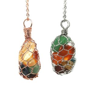 JLN Wire Wrapped Net Irregular Stone Pendant Seven Chakra Raw Gemstone Metal Net Colgantes con collar de cadena antideslustrado regalo para mujeres