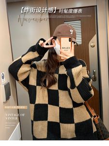 JMPRS dambord trui dames herfst winter retro lange mouw gebreide jumpers Koreaanse mode zakjes extra grote pullovers 220816