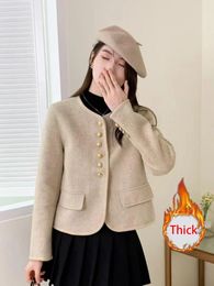 Jmprs élégant épais coréen Tweed veste femmes décontracté à manches longues rétro manteau hiver chaud bureau dame simple boutonnage Vintage hauts 240112