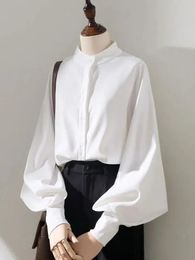 Jmprs Elegante Vrouwen Chiffon Shirts Losse Lantaarn Mouw Koreaanse Office Dames Button Up Mode Stand Kraag Tops 240202