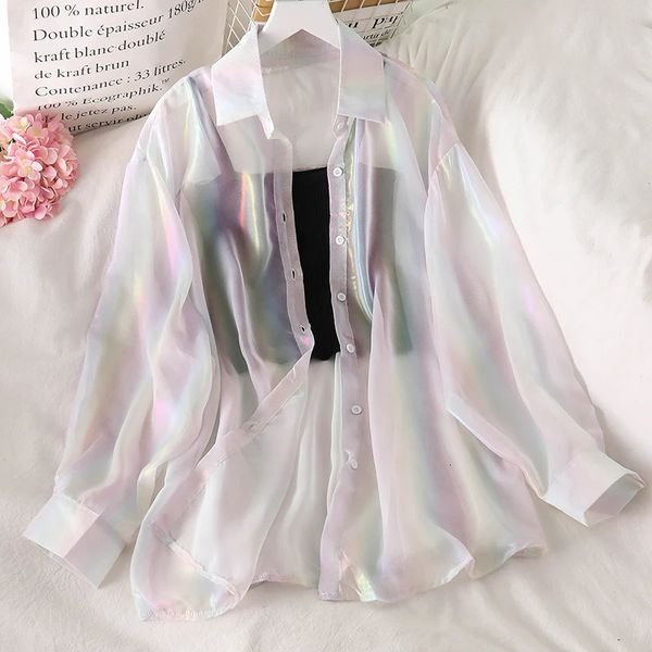 JMPRS arc-en-ciel lâche haut pour femme chemises Harajuku brillant Tulle Blouse mode coréenne à manches longues été plage mignon dames 240328