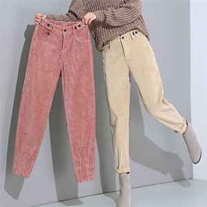 JMPRS, pantalones bombachos de pana de cintura alta para invierno para mujer, pantalones de talla grande holgados sólidos informales con botones, pantalones cálidos de terciopelo para mujer, pantalones para mujer 211216