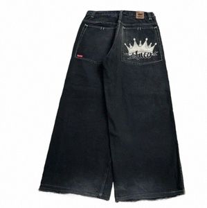 Jnco Jeans Nouveau Harajuku Hip-hop Rétro Couronne Graphique Broderie Jeans Lâches Pour Hommes et Femmes Gothique Taille Haute Denim Pantalon w4zN #