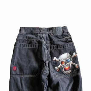 Jnco Jeans Y2K hip-hop crâne motif broderie lâche pantalon en denim Harajuku pour hommes et femmes pantalon taille haute gothique B4Qf #