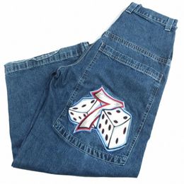jnco Jeans Y2K Hommes Hip Hop Dice Graphique Brodé Baggy Jeans Rétro Pantalon Bleu Nouveau Harajuku Gothique Taille Haute Pantalon Large f90m #