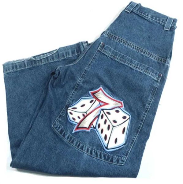 JNCO Jeans Y2K Hip Hop Dice Graphic Jeans holgados Bordados Pantalones Azul Retro