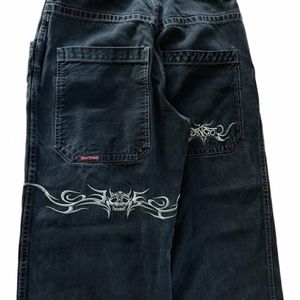Jnco Jeans Y2K Heren Hip Hop Retro Grafische Geborduurde Baggy Jeans Zwarte Broek Nieuwe Harajuku Gothic Hoge Taille Brede broek e1gb #