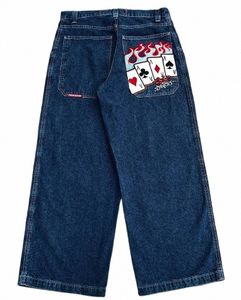 Jnco hommes vêtements Y2K jeans à jambes larges poker broderie graphique bleu jeans streetwear vintage pour hommes Goth New Hip Hop Baggy Jeans Y8Xh #