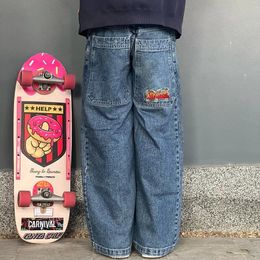 JNCO-pantalones vaqueros para hombre Y2k, pantalones vaqueros holgados deportivos de estilo Hip Hop, pantalones vaqueros negros Cargo de tiro bajo, pantalones rectos Harajuku, ropa de calle 240222