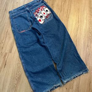 JNCO Poker Grafisch Borduren Retro Blauwe Jeans Mannen Y2K Harajuku Punk Baggy Denim Broek Goth Casual Hoge Taille Brede Broek 240124