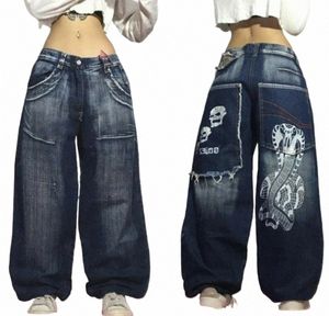 Jnco Street Jeans Y2K Hommes et Femmes Pantalons Harajuku Hip Hop Imprimer Rétro Bleu Jeans Lâches Taille Haute Pantalon Large Jeans Tendance d7oy #