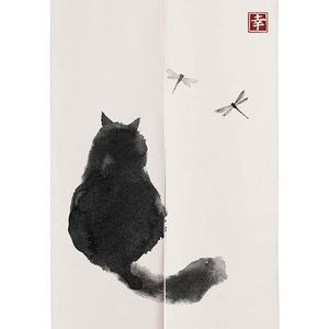 JOCAR Japanese Ink Cat Noren noir et blanc élégant avec les yeux bandés Noren occultant Entrée Cuisine Salon Salle à manger Largeur 33,5 pouces (85 cm) x Longueur 66,9 pouces (170 cm)