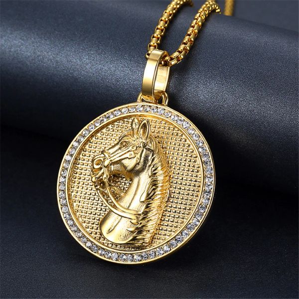 Jockey Club pendentif 14k or jaune tête de cheval hommes collier glacé strass Hip Hop unisexe bijoux