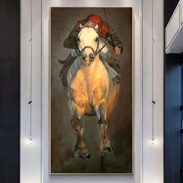 Jockey Running Horse – affiches et imprimés sur toile, peinture abstraite, décoration de maison moderne, images d'art murales pour salon, Animal248u