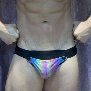 Jockmail Jockstrap hommes Bikini slip Sexy Gay hommes sous-vêtements string G cordes amovible arc-en-ciel réfléchissant PU cuir pochette